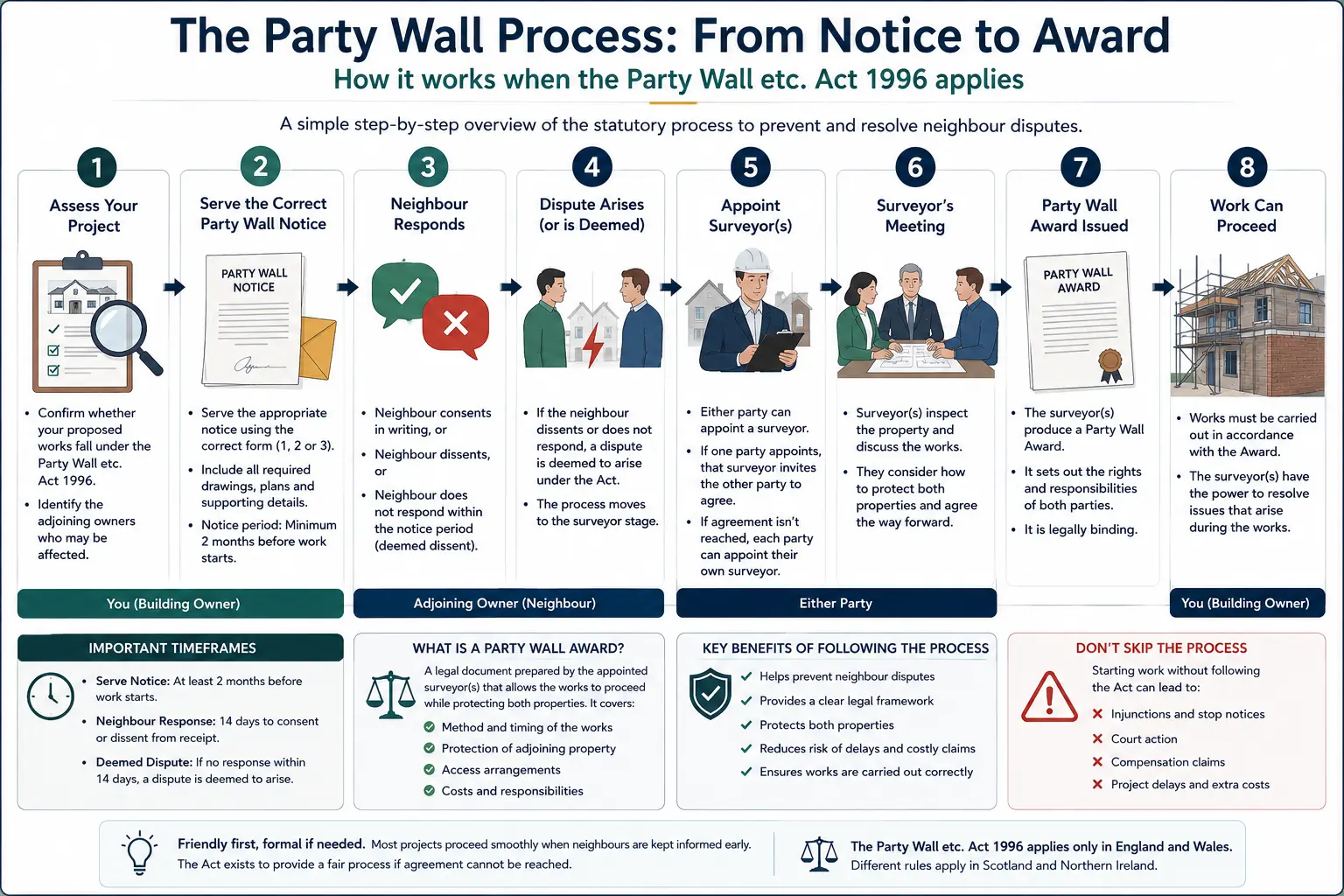 Do I Need a Party Wall Agreement? An infographic showing the party wall process from notice to award in a very interactive way for the citizens living in Bournemouth, UK