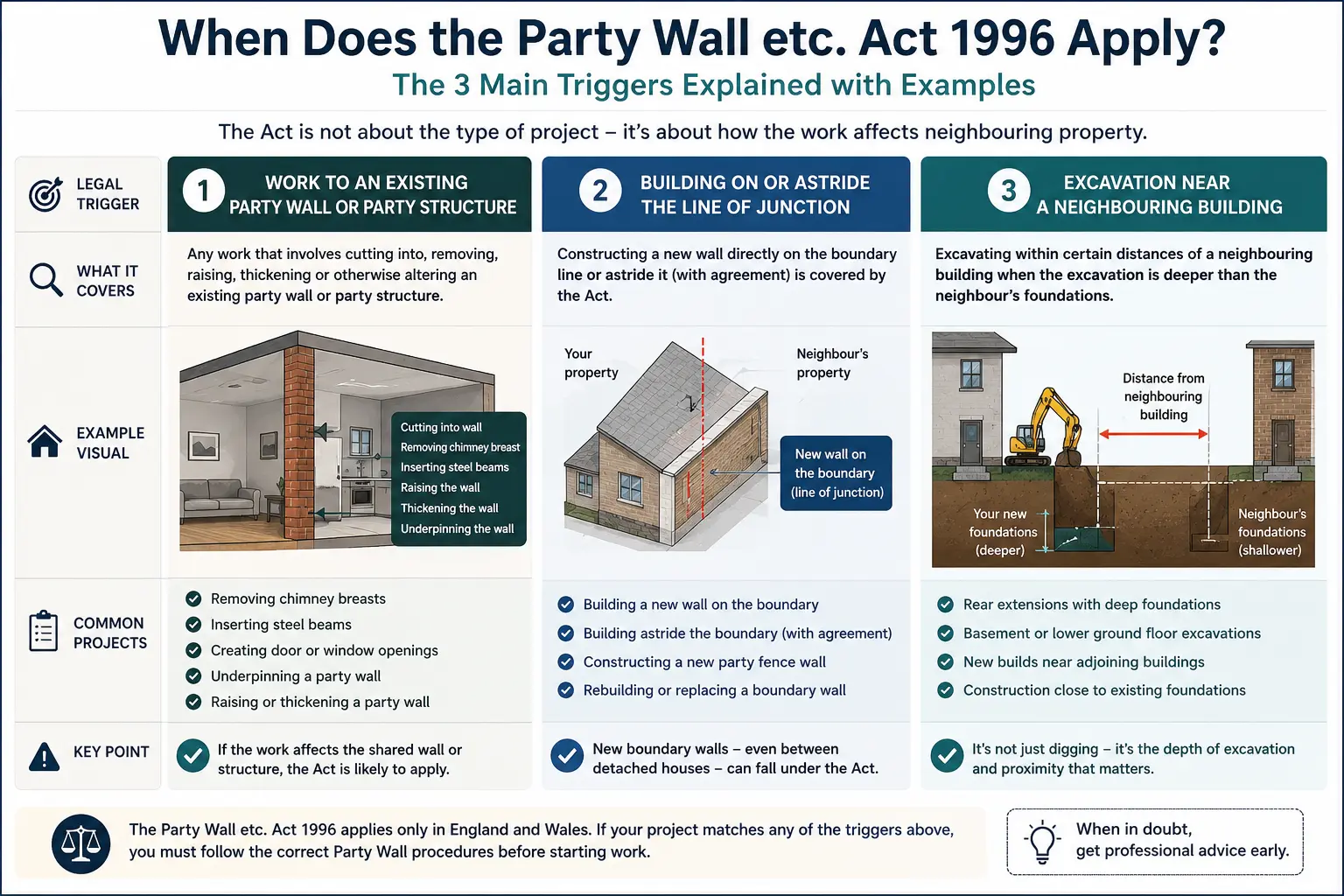 Do I Need a Party Wall Agreement? An infographic showing when does the party wall etc act 1996 apply like excavation, junction, painting, in Bournemouth, UK